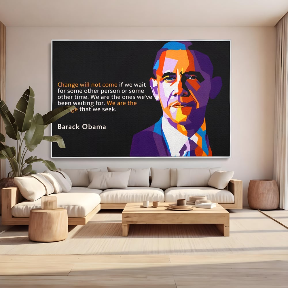 Tablou canvas cu tablou canvas cu portretul stilizat al lui barack obama, in rama de aluminiu argintiu, pe perete intr-un living